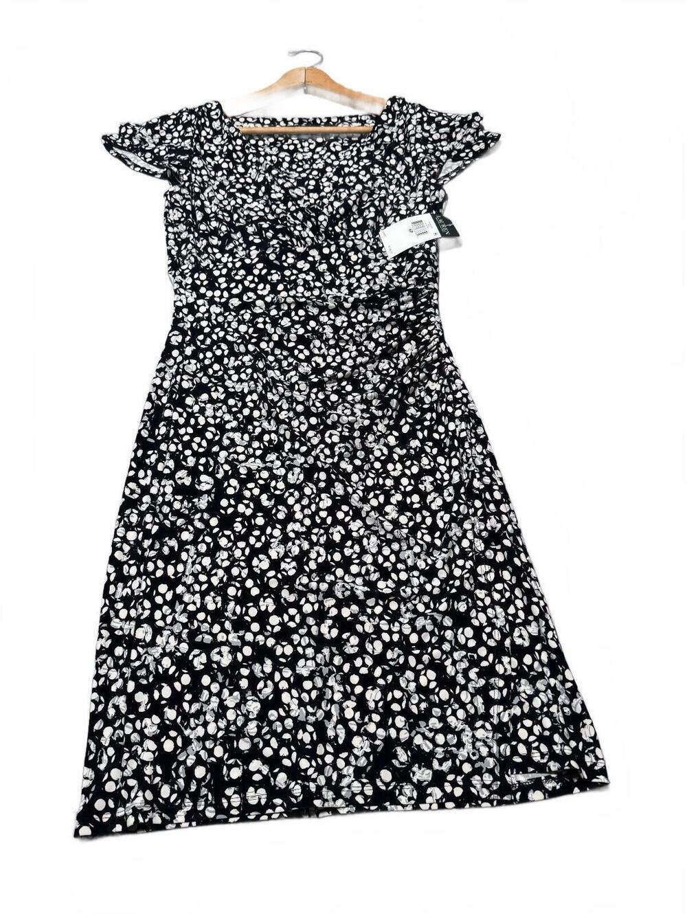 Ralph Lauren Dress Womens 6P Black White Ruched Stretch Knit Flutter Sleeve NWT